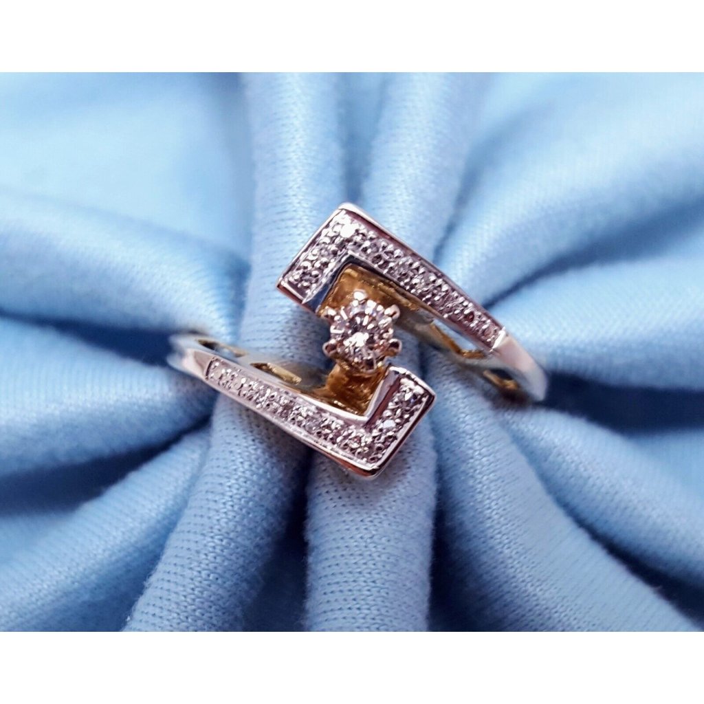 Exquisite 14k Karat Solid Two Tone Multi Tone Gold Ussr Diamond Ring Size 750